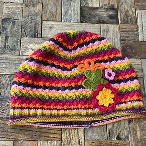 hanna Andersson Multicolored Cotton Knit Striped Flower Beanie Size Large-Girl